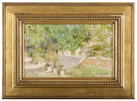 GIUSEPPE SIGNORINI, Roma 1857 - 1932, Giardino, Olio su tavoletta cm 28 x 44,...