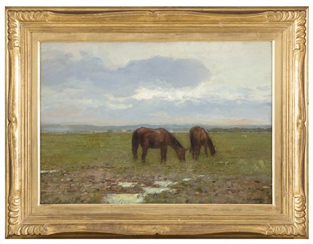 CARLO PASSIGLI, Firenze 1881 - 1953, Cavalli al pascolo, Olio su tavola cm...