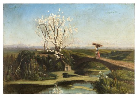 FILIPPO PALIZZI , Vasto 1818 - Napoli 1899, Campagna di Sarno, Olio su tela...