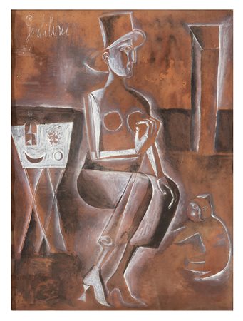 FRANCO GENTILINI, Faenza 1909 - Roma 1981, Donna con gatto 1950, Olio su...