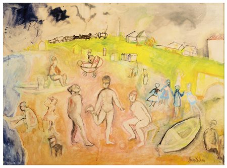 FRANCO GENTILINI, Faenza 1909 - Roma 1981, Spiaggia con treno 1949,...