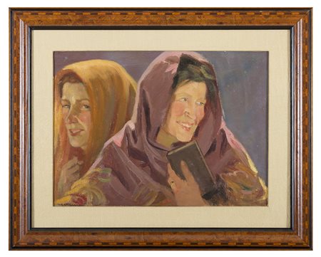 VERONICA MARIA HERWEGEN MANINI, Germania 1851 - 1933, Due donne, Olio su tela...