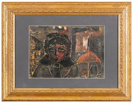 FATEH MOUDARRES, Aleppo 1922 - 1999, Composizione con figura e gatto sotto...