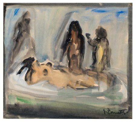 GIUSEPPE ZANETTI, 1910 - 1983, Figure, Acquerello su carta cm 40 x 43, Firma...