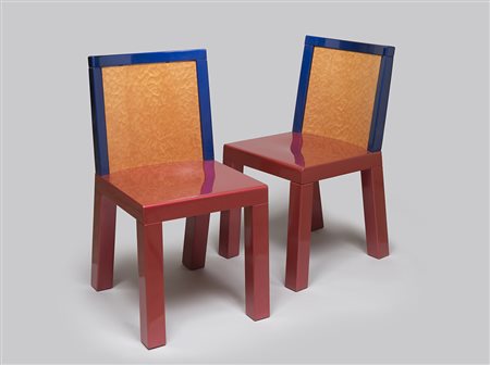 ETTORE SOTTSASS & LUCA ZANINI 1983, per Leitner, tavolo e sei sedie in radica...