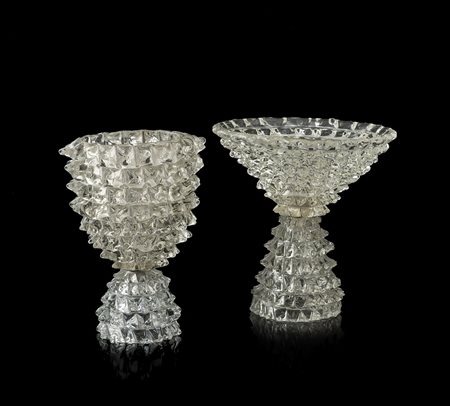 DUE LAMPADE BAROVIER & TOSO, in vetro rostrato a forma di coni rovesciati,...