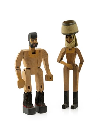 COPPIA FIGURE SARDE, Sardegna 1930 ca., in legno in parte dipinto , h cm 30 e...