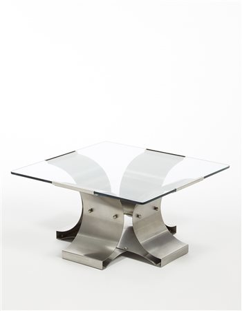 Francois Monnet ( 1946) Tavolo basso in acciaio inossidabile e vetro....