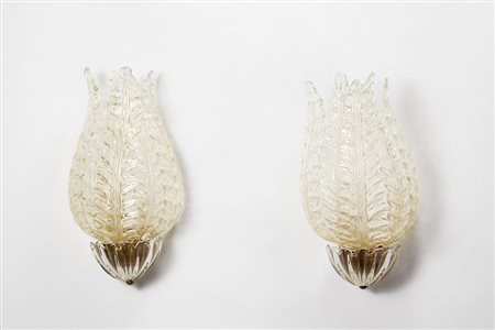 Venini, Murano (attribuito) Coppia di appliques a cinque foglie in vetro...