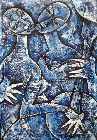 Autore anonimo "Amanti" - 2007 - Olio e collage su tela - cm 68x48 - Firma...