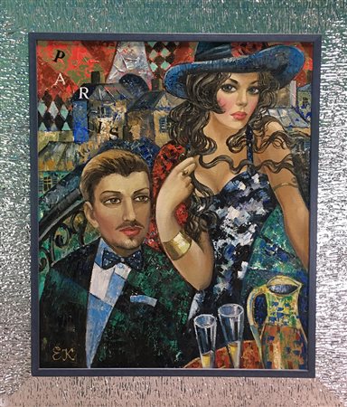 Elena Khmeleva "Brindare a Parigi" - Olio su tela- cm 65 x 54 - Firma in...