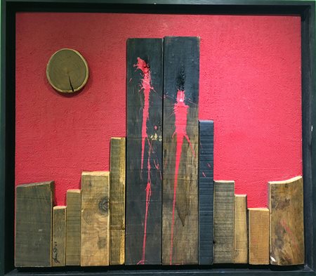 Pierluigi De Lutti "Doppia ferita" - Olio, applicazioni di legno su tavola -...