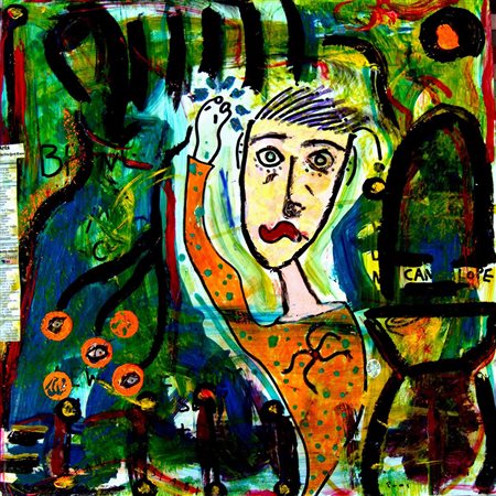 Paul Kostabi "s.tit." - Olio e collage su tavola - cm 61x61 - Firma in basso...