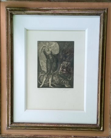 Ernst Fuchs "Genie und Tier" 1966 - Acquaforte P.d.A - cm 22,5x17,7 - Firma...