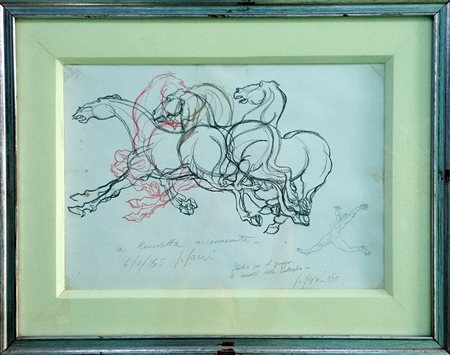 Sergio Sarri "Studio per gruppo di cavalli" 1968 - Disegno/colore - cm 24x48...