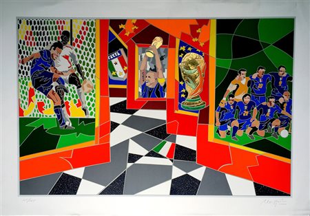 Ugo Nespolo "Il calcio" - Serigrafia e collage - Es. 42/125 - cm 70x100 -...