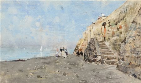 GIUSEPPE CASCIARO Ortelle 1863 - Napoli 1941 Marina con figure Olio su...