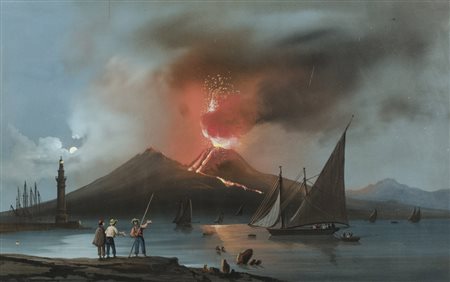 ANONIMO DELLA META’ DEL XIX SECOLO Notturno con eruzione del Vesuvio Gouache...