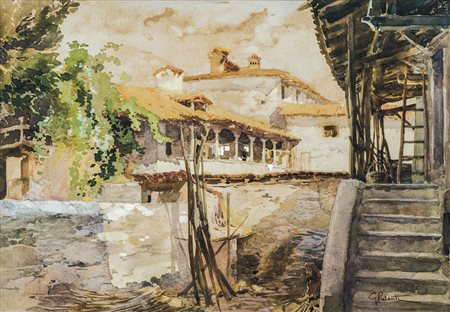GIUSEPPE PALANTI Milano 1881 - 1946 Paesaggio con case Acquarello su carta,...
