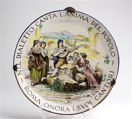 BORZELLI - ROMA Piatto decorato con scena pinelliana raffigurante cantore...
