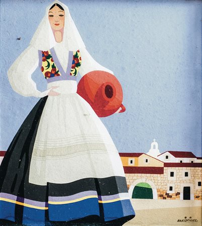 BAKISFIGUS Oristano 1905 - 1990 Donna in costume sardo, 1943 Tempera su carta...