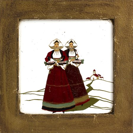 MANIFATTURE ITALIANE Quattro mattonelle raffiguranti personaggi in costumi...