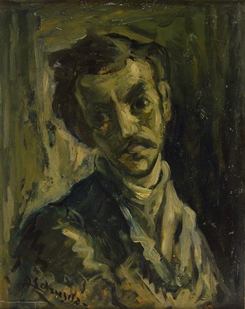 ACHILLE SDRUSCIA Roma 1910 - 1994 Uomo con baffi, Anni ’40 Olio su tavoletta,...