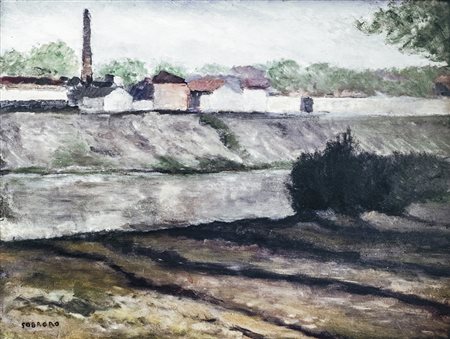 EMILIO SOBRERO Torino 1890 - Roma 1964 Officine, 1924 Olio su tavola, 30,5 x...