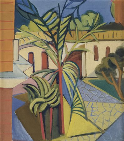 CONCETTO MAUGERI Catania 1919 – Roma 1951 Paesaggio con case e pianta Olio su...