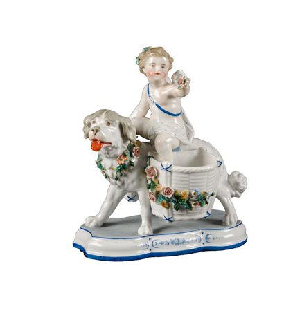 GRUPPO in porcellana kpm raffigurante "angioletto sopra cane con ceste"...