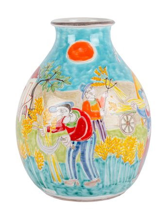DE SIMONE VASO in ceramica dipinta raffigurante "paesaggio con contadini". XX...