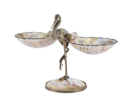 SALIERA con struttura in bronzo raffigurante "airone" e vaschette in...