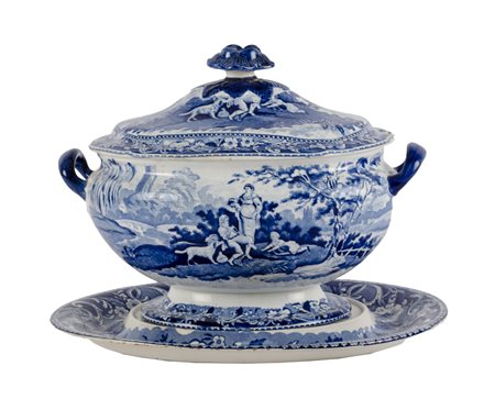 ZUPPIERA con piatto in ceramica Davenport decorata a motivo paesaggistico con...