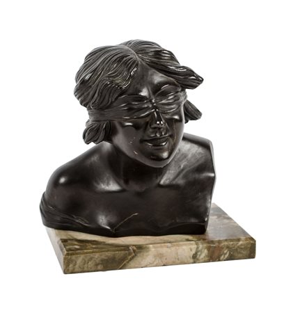 SCULTURA in bronzo, fusione a cera persa raffigurante "Dea Bendata", base in...