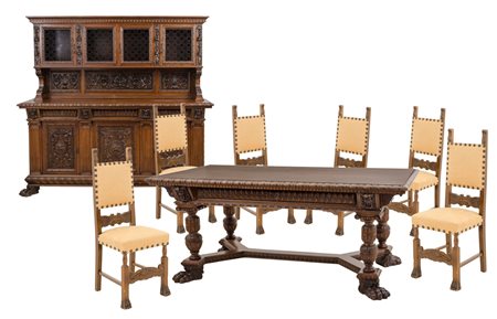 STANZA da pranzo composta da BUFFET con alzata, TAVOLO e da sei SEDIE in noce...