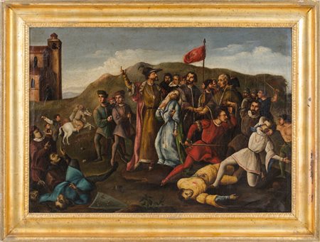 CALIRI OLIO su tela "battaglia" entro cornice a canna ciaccata in legno...