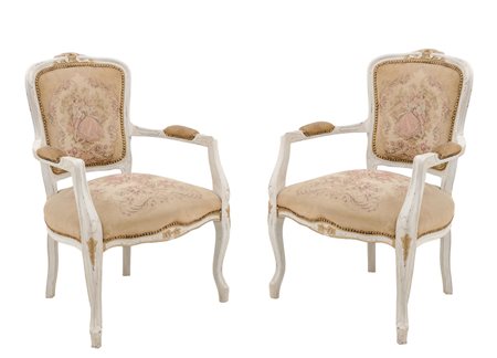 COPPIA POLTRONE stile Luigi XV in legno laccato con tappezzeria a motivo...