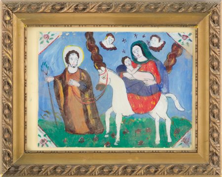 PITTURA su vetro "fuga d'Egitto". Sicilia XX secolo Misure: cm 46 x 34