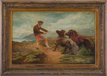 OLIO su tela "paesaggio con personaggi e pony". Inghilterra XIX secolo...