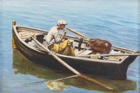 ANTONIO CALABRESE (Nardo' 1947) OLIO su tela "barca con pescatore", firmato...