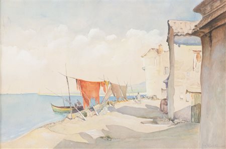 FRAMATTEO ACQUARELLO su carta "paesaggio costiero con barca e pescatori",...