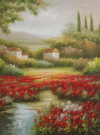 OLIO su tela "paesaggio campestre con case e fiori". XX secolo Misure: cm 120...