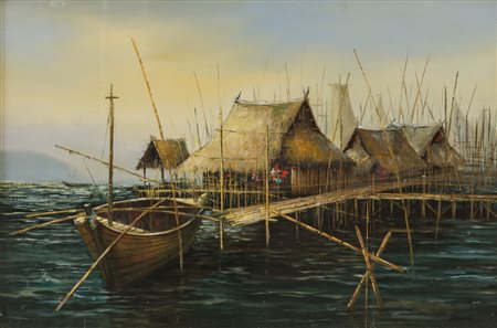 RODERO OLIO su tela "paesaggio marino orientale con palafitte ed...