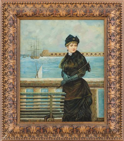 OLIO su tela "gentildonna sul lungo mare", firmato in basso a destra. XX...