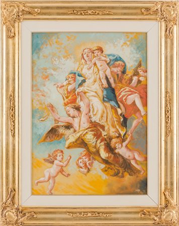 OLIO su tela "Madonna con Bambino e putti". XX secolo Misure: cm 70 x 50