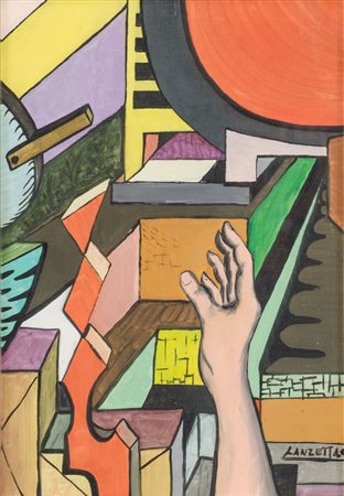 LANZETTA OLIO su masonite "figure geometriche con mano", firmato in basso a...