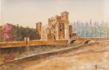 GUARNERI OLIO su tela "paesaggio con castello e fiume", firmato in basso a...