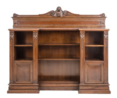 CREDENZA con alzata a tre vani a giorno in noce. Sicilia meta' '900 Misure:...