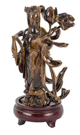 SCULTURA in occhio di tigre raffigurante "figura femminile", base in legno....