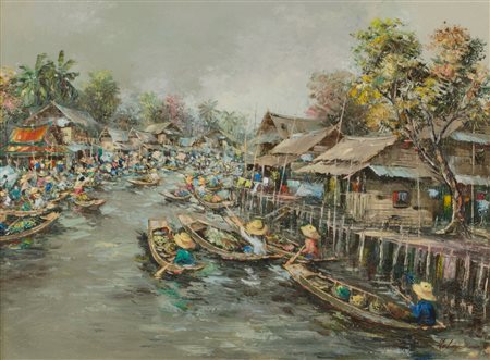 OLIO su tela "villaggio orientale con canale ed imbarcazioni", firmato in...